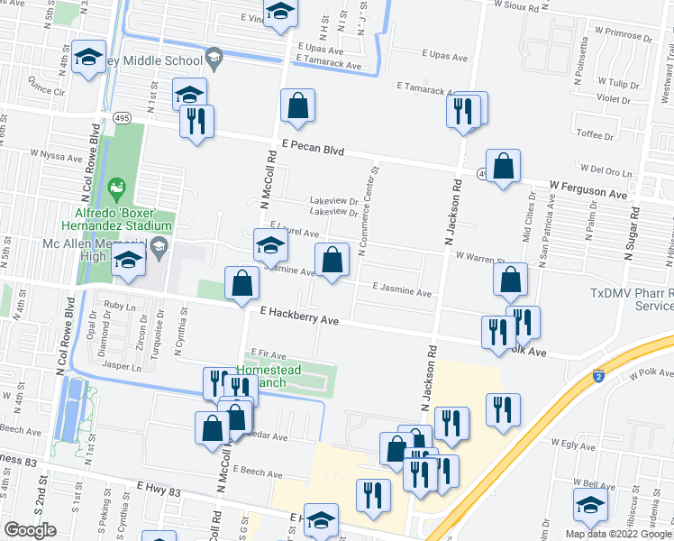 map of restaurants, bars, coffee shops, grocery stores, and more near 1101 Jasmine Avenue in McAllen