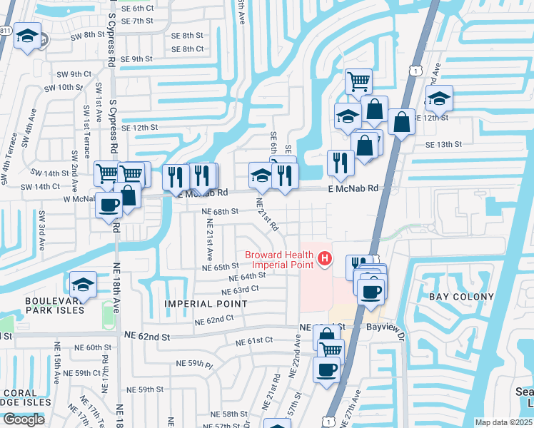 map of restaurants, bars, coffee shops, grocery stores, and more near 2156 Northeast 67th Street in Fort Lauderdale