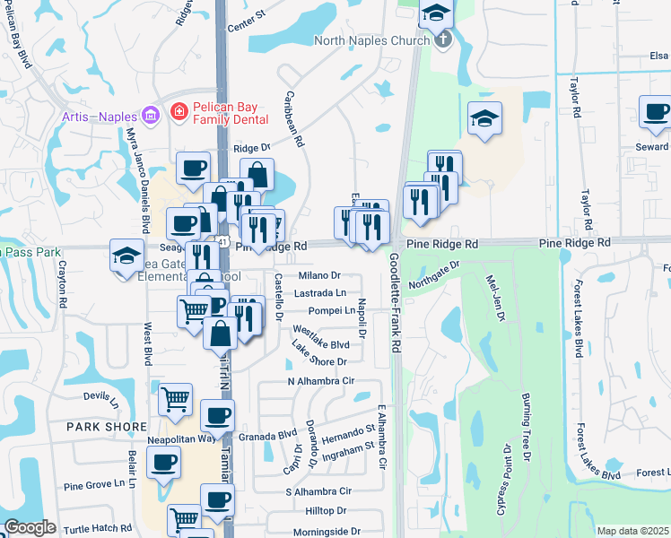 map of restaurants, bars, coffee shops, grocery stores, and more near 1257 Milano Drive in Naples