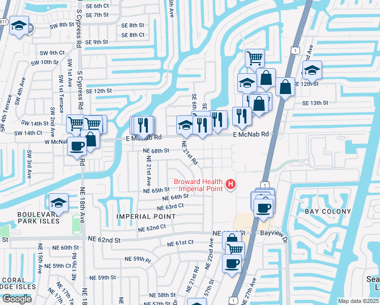 map of restaurants, bars, coffee shops, grocery stores, and more near 2156 Northeast 67th Street in Fort Lauderdale