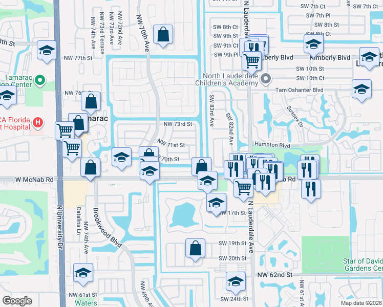 map of restaurants, bars, coffee shops, grocery stores, and more near 6604 Northwest 70th Street in Tamarac