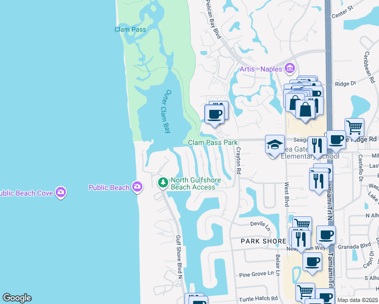 map of restaurants, bars, coffee shops, grocery stores, and more near 5137 Seahorse Avenue in Naples
