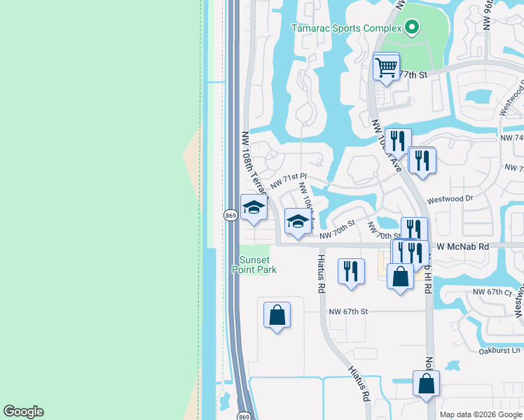 map of restaurants, bars, coffee shops, grocery stores, and more near 10930 Palm Ridge Lane in Tamarac