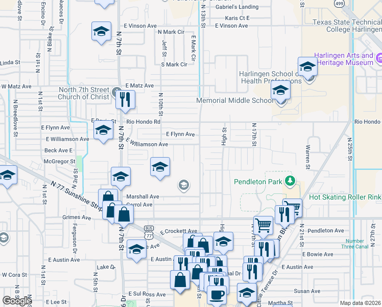 map of restaurants, bars, coffee shops, grocery stores, and more near 1801 Redbird Lane in Harlingen