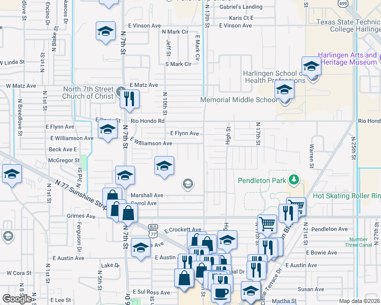 map of restaurants, bars, coffee shops, grocery stores, and more near 1801 Redbird Lane in Harlingen