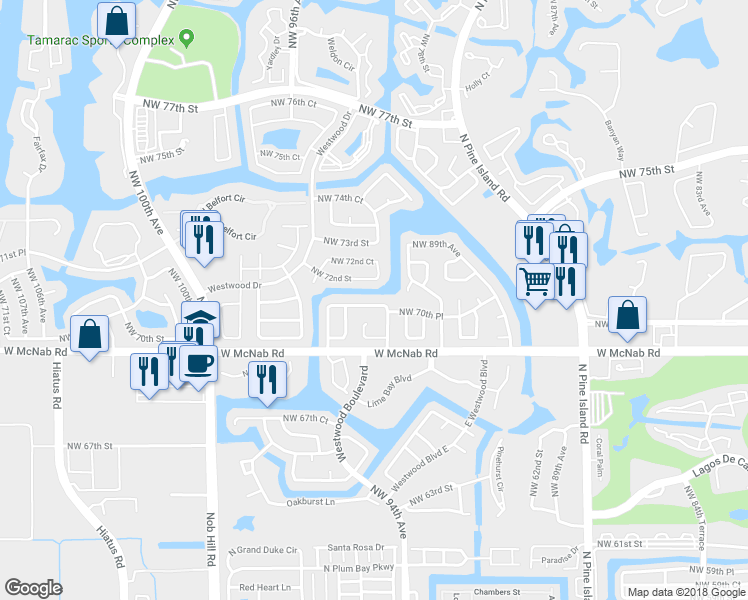 map of restaurants, bars, coffee shops, grocery stores, and more near 9407 Northwest 70th Place in Tamarac
