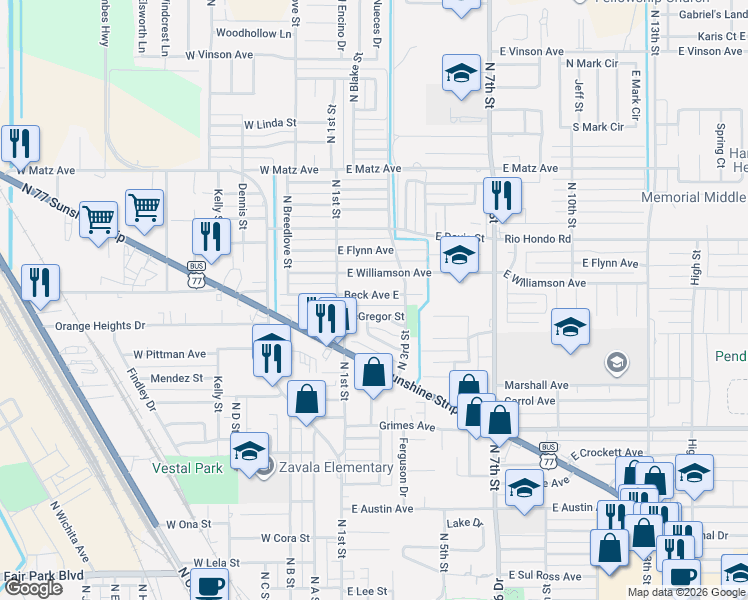 map of restaurants, bars, coffee shops, grocery stores, and more near 108 McGregor Street in Harlingen