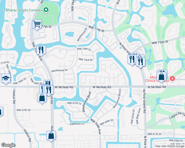 map of restaurants, bars, coffee shops, grocery stores, and more near 9407 Northwest 70th Place in Tamarac