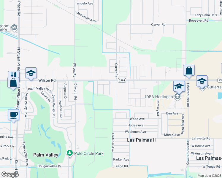 map of restaurants, bars, coffee shops, grocery stores, and more near 2117 El Cielo Lindo Court in Harlingen