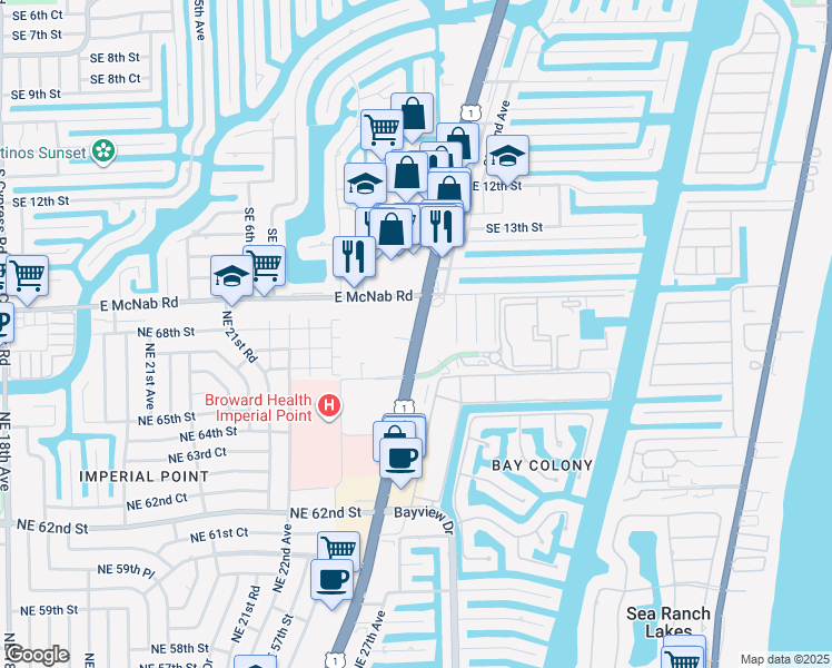 map of restaurants, bars, coffee shops, grocery stores, and more near 1631 South Federal Highway in Pompano Beach
