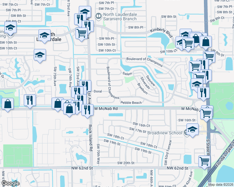 map of restaurants, bars, coffee shops, grocery stores, and more near 6708 Stardust in North Lauderdale