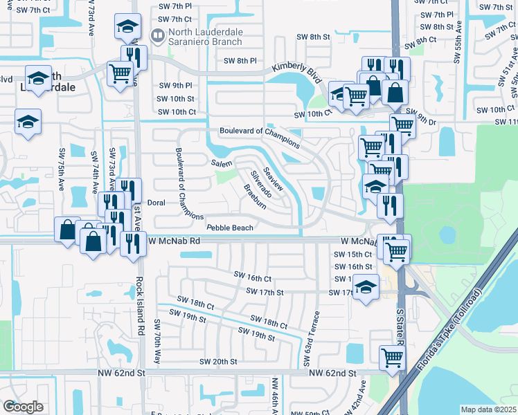 map of restaurants, bars, coffee shops, grocery stores, and more near 1319 Braeburn in North Lauderdale