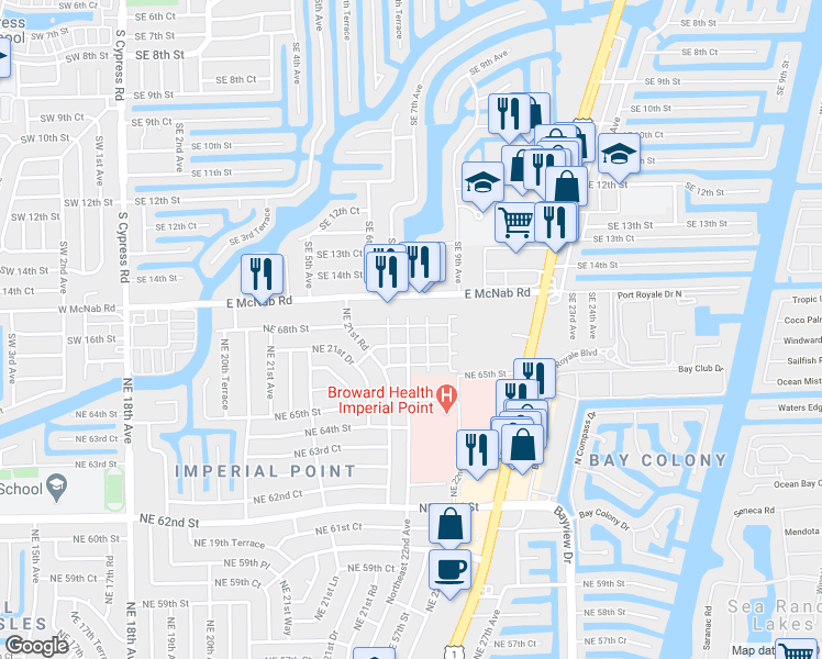 map of restaurants, bars, coffee shops, grocery stores, and more near 718 East McNab Road in Pompano Beach