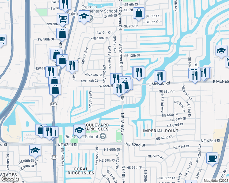 map of restaurants, bars, coffee shops, grocery stores, and more near 140 Southwest 15th Street in Pompano Beach