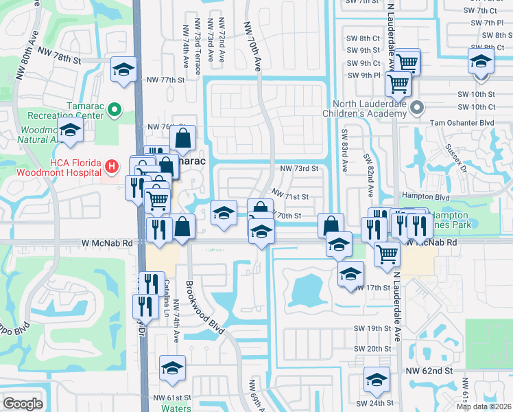 map of restaurants, bars, coffee shops, grocery stores, and more near 7006 Northwest 71st Avenue in Tamarac