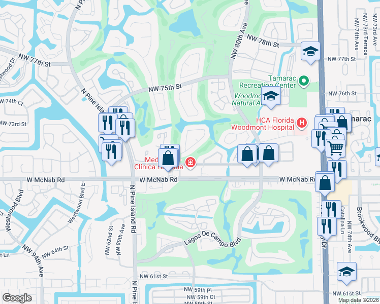 map of restaurants, bars, coffee shops, grocery stores, and more near 7055 Golf Pointe Circle in Tamarac