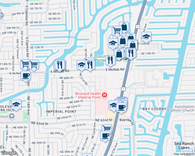 map of restaurants, bars, coffee shops, grocery stores, and more near 718 East McNab Road in Pompano Beach