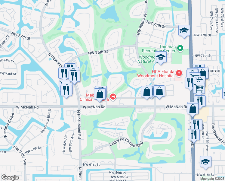 map of restaurants, bars, coffee shops, grocery stores, and more near 7055 Golf Pointe Circle in Tamarac