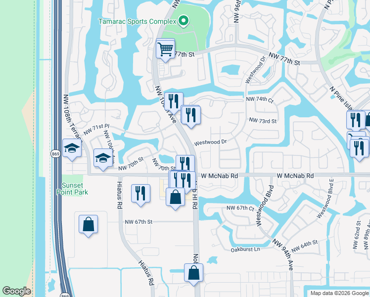 map of restaurants, bars, coffee shops, grocery stores, and more near 7131 Northwest 100th Terrace in Tamarac