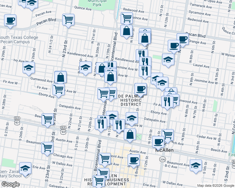 map of restaurants, bars, coffee shops, grocery stores, and more near 704 North 17th Street in McAllen
