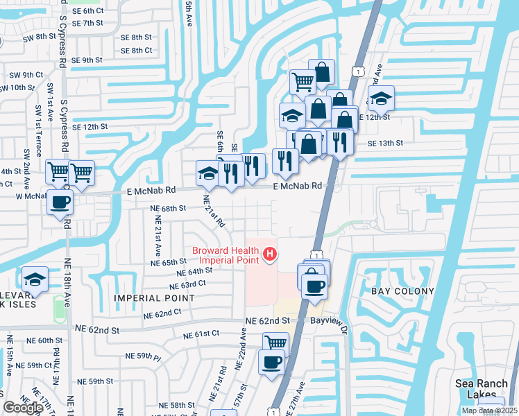 map of restaurants, bars, coffee shops, grocery stores, and more near 2191 Northeast 68th Street in Fort Lauderdale