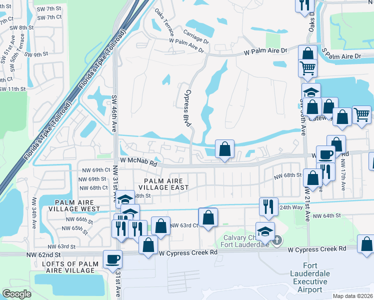 map of restaurants, bars, coffee shops, grocery stores, and more near 1411 Banyan Circle in Pompano Beach