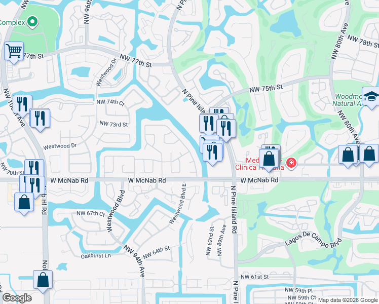 map of restaurants, bars, coffee shops, grocery stores, and more near 7108 Northwest 89th Avenue in Tamarac