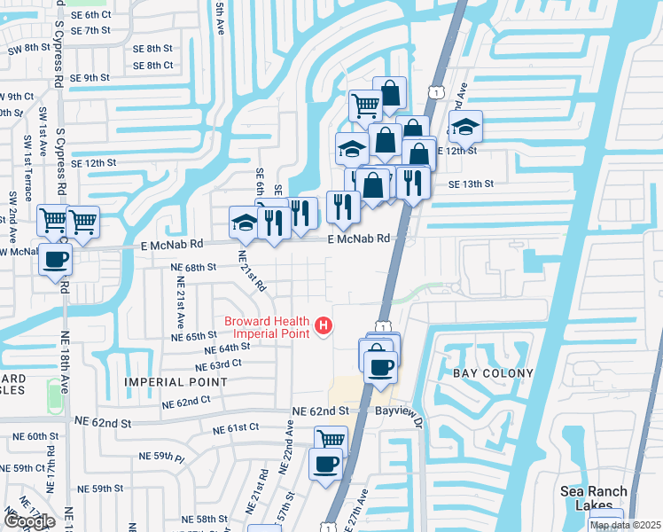 map of restaurants, bars, coffee shops, grocery stores, and more near 2191 Northeast 68th Street in Fort Lauderdale