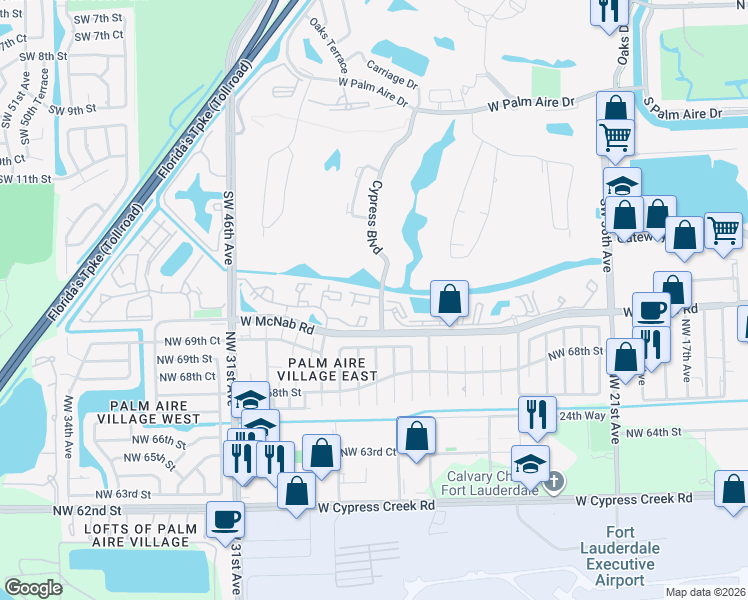 map of restaurants, bars, coffee shops, grocery stores, and more near 1411 Banyan Circle in Pompano Beach