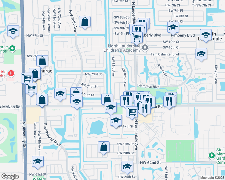 map of restaurants, bars, coffee shops, grocery stores, and more near 1312 Southwest 83rd Avenue in North Lauderdale