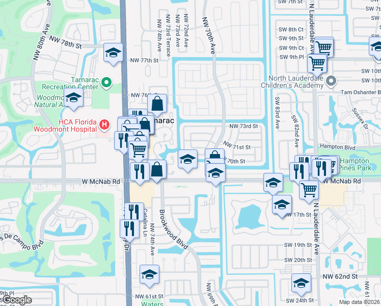 map of restaurants, bars, coffee shops, grocery stores, and more near 7007 Northwest 72nd Avenue in Tamarac