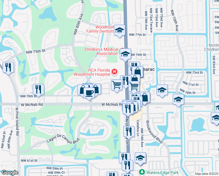 map of restaurants, bars, coffee shops, grocery stores, and more near 7710 Northwest 71st Court in Tamarac