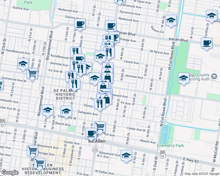 map of restaurants, bars, coffee shops, grocery stores, and more near 825 Ivy Avenue in McAllen