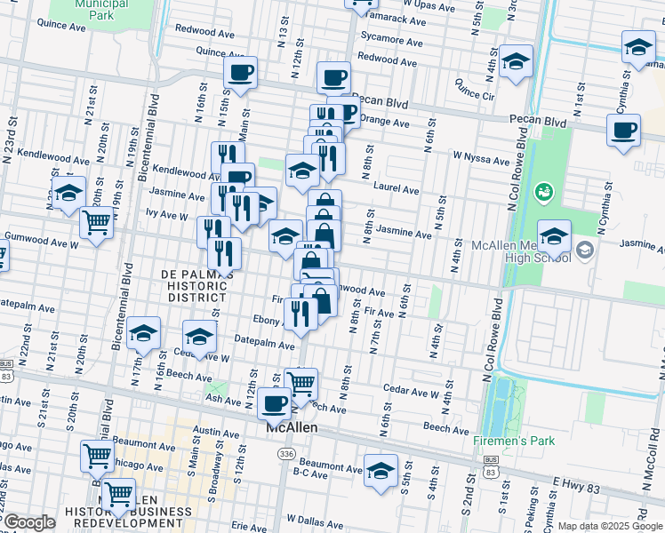 map of restaurants, bars, coffee shops, grocery stores, and more near 825 Ivy Avenue in McAllen