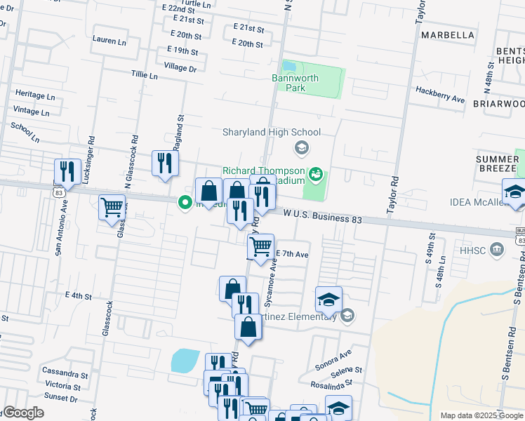 map of restaurants, bars, coffee shops, grocery stores, and more near 1740 East Business Highway 83 in Mission