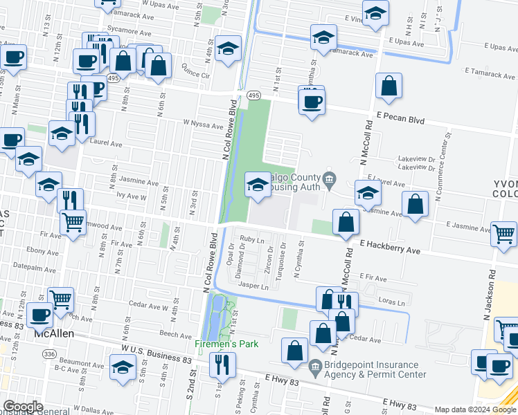 map of restaurants, bars, coffee shops, grocery stores, and more near 101 East Hackberry Avenue in McAllen
