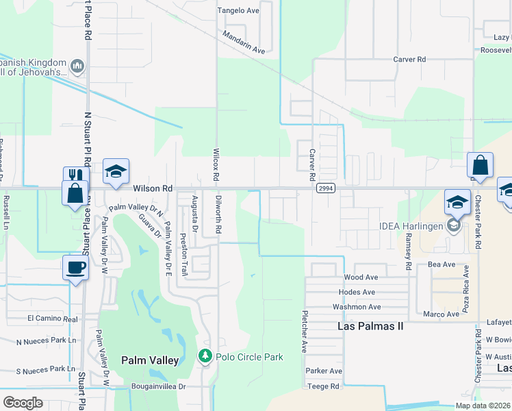 map of restaurants, bars, coffee shops, grocery stores, and more near 16538 Wilson Road in Harlingen