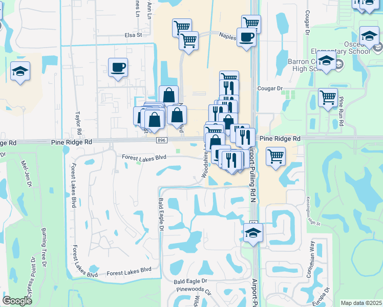 map of restaurants, bars, coffee shops, grocery stores, and more near 501 Forest Lakes Boulevard in Naples