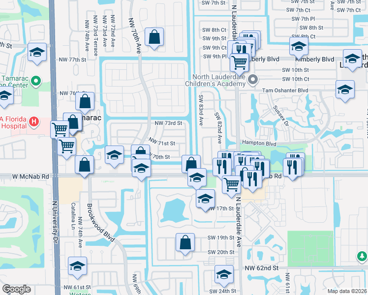 map of restaurants, bars, coffee shops, grocery stores, and more near 7100 Northwest 66th Terrace in Tamarac