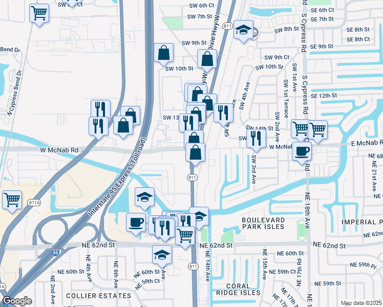 map of restaurants, bars, coffee shops, grocery stores, and more near 801 West McNab Road in Pompano Beach