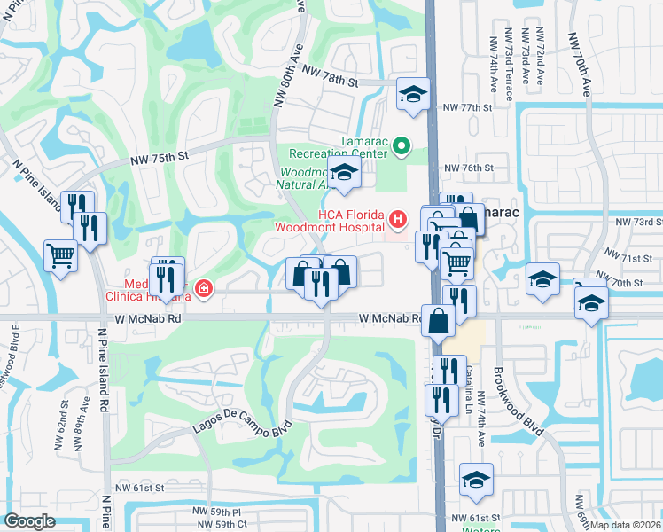 map of restaurants, bars, coffee shops, grocery stores, and more near 7909 Northwest 71st Court in Tamarac