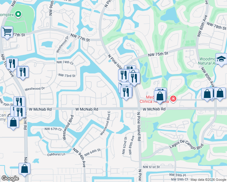map of restaurants, bars, coffee shops, grocery stores, and more near 7108 Northwest 89th Avenue in Tamarac