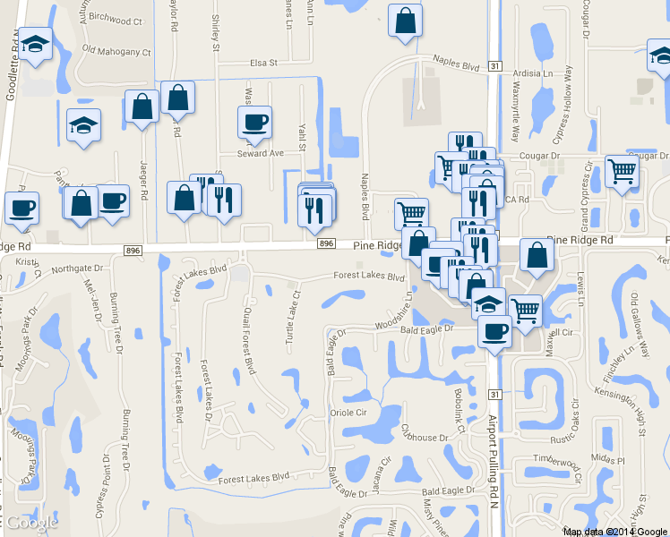 map of restaurants, bars, coffee shops, grocery stores, and more near 499 Forest Lakes Boulevard in Naples