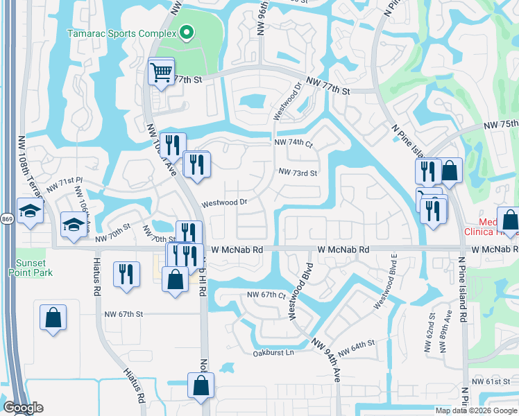 map of restaurants, bars, coffee shops, grocery stores, and more near 9704 Westwood Drive in Tamarac