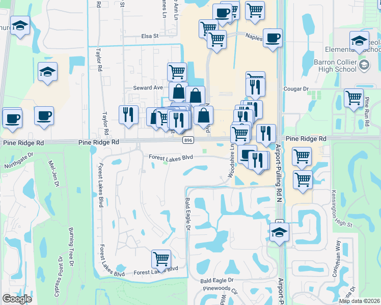 map of restaurants, bars, coffee shops, grocery stores, and more near 499 Forest Lakes Boulevard in Naples
