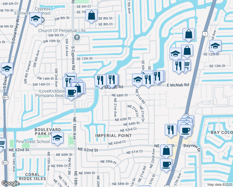 map of restaurants, bars, coffee shops, grocery stores, and more near 342 East McNab Road in Pompano Beach