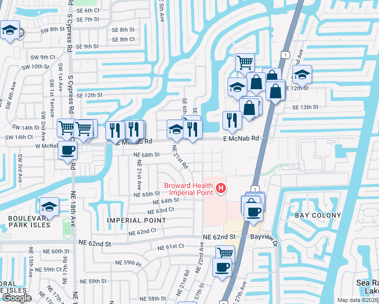 map of restaurants, bars, coffee shops, grocery stores, and more near 602 East McNab Road in Pompano Beach