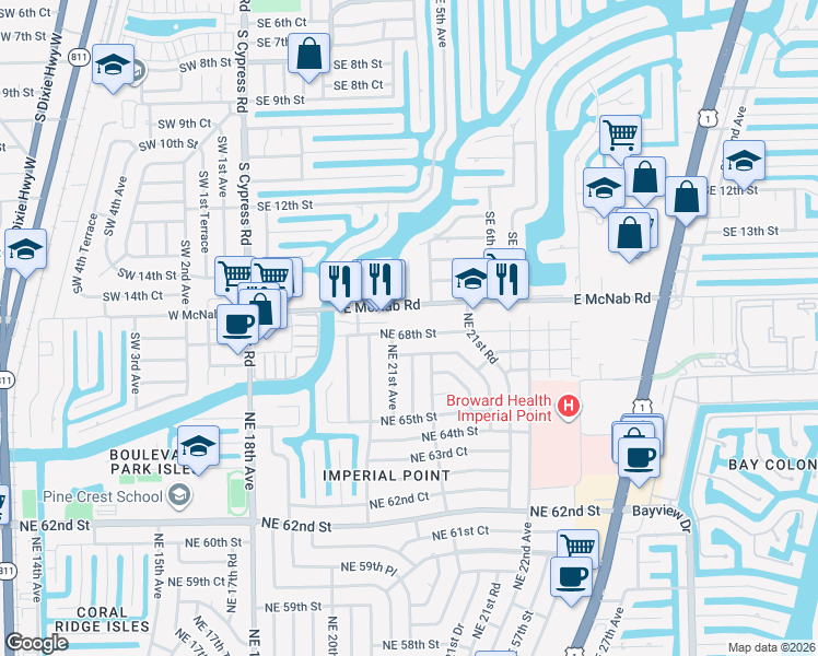 map of restaurants, bars, coffee shops, grocery stores, and more near 490 East McNab Road in Pompano Beach