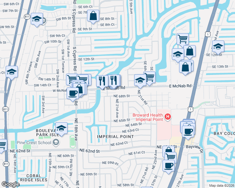 map of restaurants, bars, coffee shops, grocery stores, and more near 342 East McNab Road in Pompano Beach
