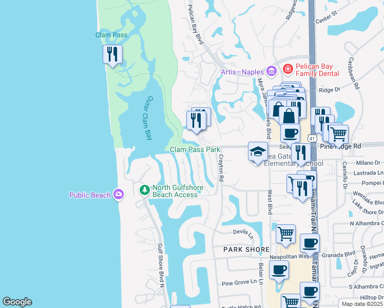 map of restaurants, bars, coffee shops, grocery stores, and more near 5267 Starfish Avenue in Naples